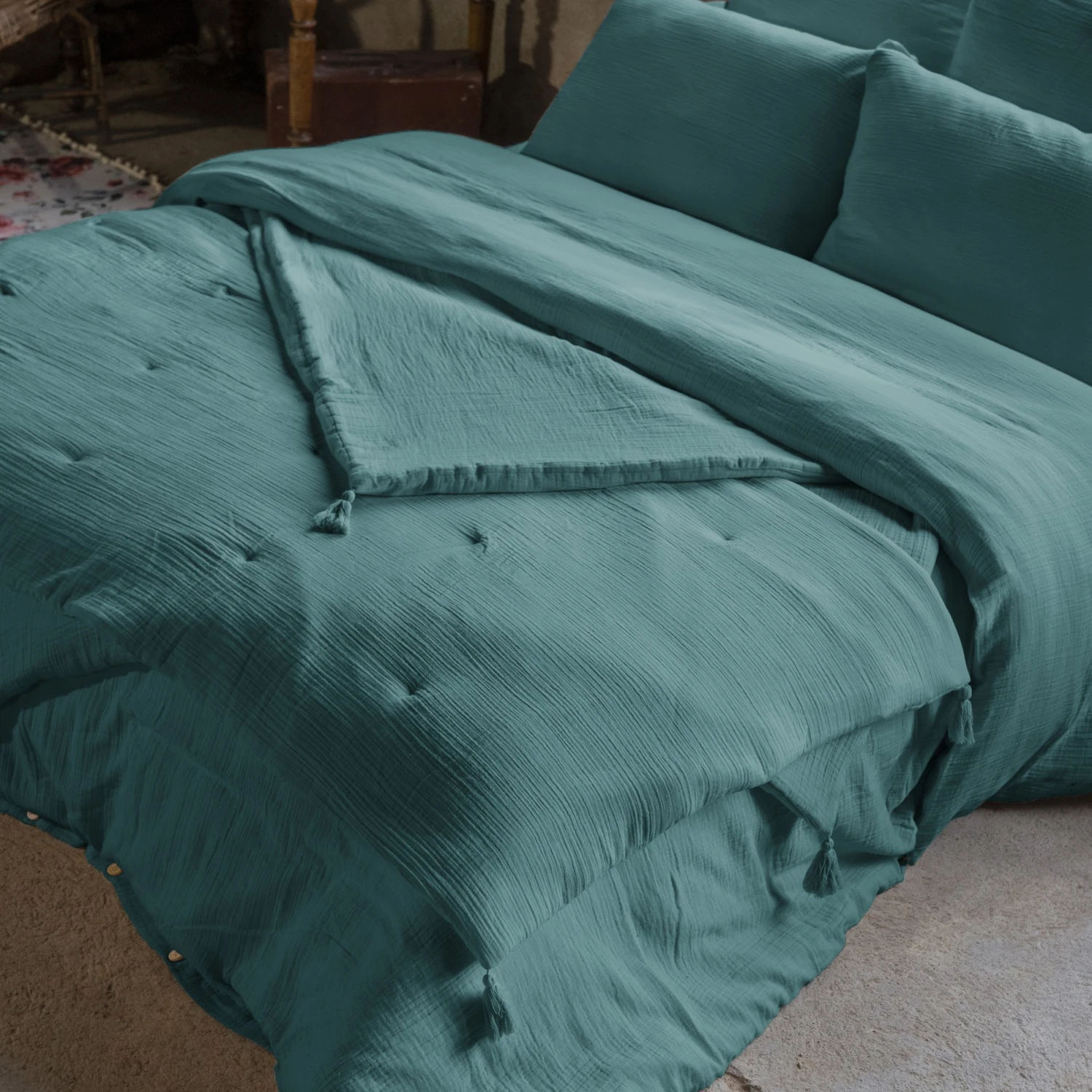 Edredon gaze de coton (150 x 150 cm) Gaïa Bleu canard Edredon Gaze De Coton (150 X 150 Cm) Gaïa Bleu Canard -Eminza 91798 1607956687