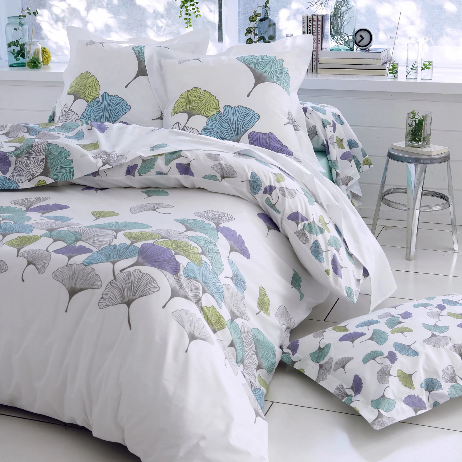 Taie d'oreiller carrée percale de coton Ginkgo Bleue Taie D'oreiller Carrée Percale De Coton Ginkgo Bleue -Eminza 99218 1620635086