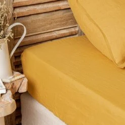Eminza 8 Drap Housse Lin Lavé (160 Cm) Louise Jaune Moutarde