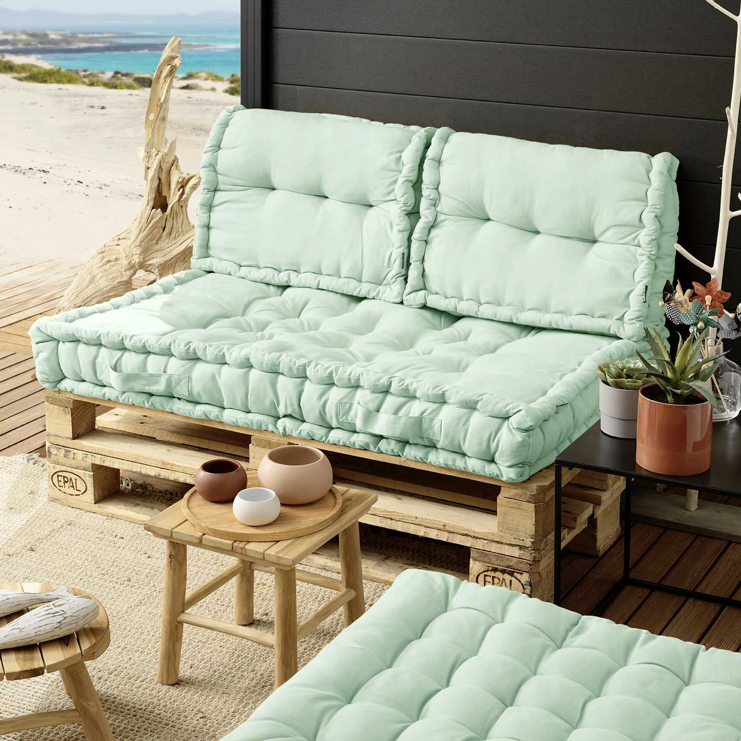 Kit coussins palette (L120 cm) Pixel Vert menthe Kit Coussins Palette (L120 Cm) Pixel Vert Menthe -Eminza lot matelas palette 2 dossiers pixel menthe 114935 1652168872