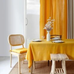 Nappe Rectangulaire Coton Recyclé (L240 Cm) Bombay Jaune Moutarde -Eminza nappe en coton recycl bombay avec 4 pompons 140x240 cm moutarde 127374 1675070227