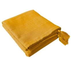 Nappe Rectangulaire Coton Recyclé (L240 Cm) Bombay Jaune Moutarde -Eminza nappe en coton recycl bombay avec 4 pompons 140x240 cm moutarde 127374 1675070377
