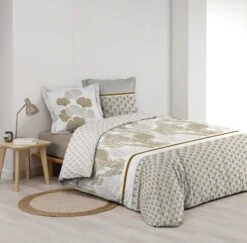 Housse De Couette Et Deux Taies Percale De Coton (260 Cm) Melisse Beige -Eminza parure 3 p 260 x 240 cm percale imp 78 fils allover melisse 130615 1689144634