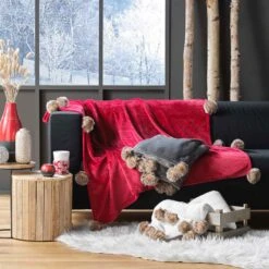 Eminza -Eminza plaid a pompons 125 x 150 cm flanelle unie snowy naturel 118159 1656669223