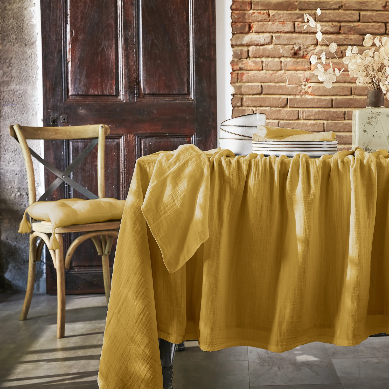 Lot de 3 serviettes gaze de coton Gaïa Jaune safran Lot De 3 Serviettes Gaze De Coton Gaïa Jaune Safran -Eminza r gaia nappe jaunesafran