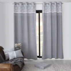 Rideau Coton Recyclé (140 X 240 Cm) Elisa Gris Clair -Eminza rideau elisa en coton recycl avec top imprim 8 illets en mtal argent diam tre intrieur 4 cm 140x240 cm gris clair 127449 1675067044