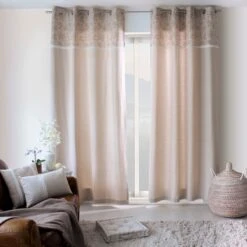 Rideau Coton Recyclé (140 X 240 Cm) Rosa Beige -Eminza rideau rosa en coton recycl avec top imprim 8 illets en mtal argent diam tre intrieur 4 cm 140x240 cm naturel 127446 1675067197