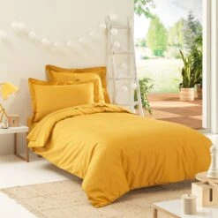 Taie D'oreiller Rectangulaire Percale De Coton (80 Cm) Cali Jaune Moutarde -Eminza taie d oreiller volant plat 50 x 80 cm cali moutarde 109151 1638184151